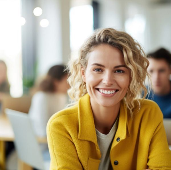 Woman in yellow jacket smiling at office