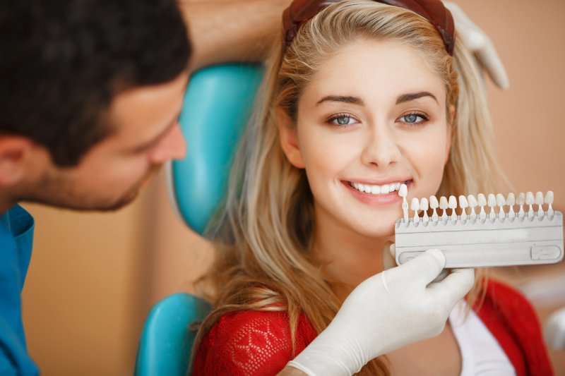 a dentist using a shade guide on a female patient’s smile