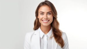 Smiling, confident woman in business attire